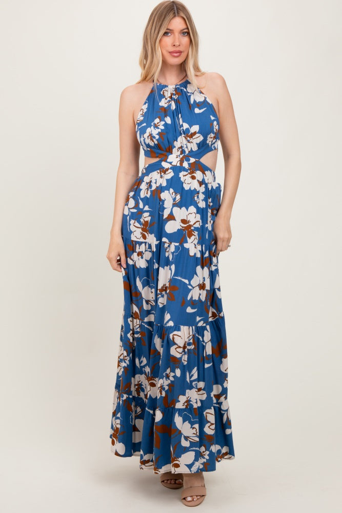 Blue Floral Halter Side Cutout Maxi Dress – PinkBlush