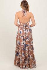 Taupe Floral Halter Side Cutout Maxi Dress