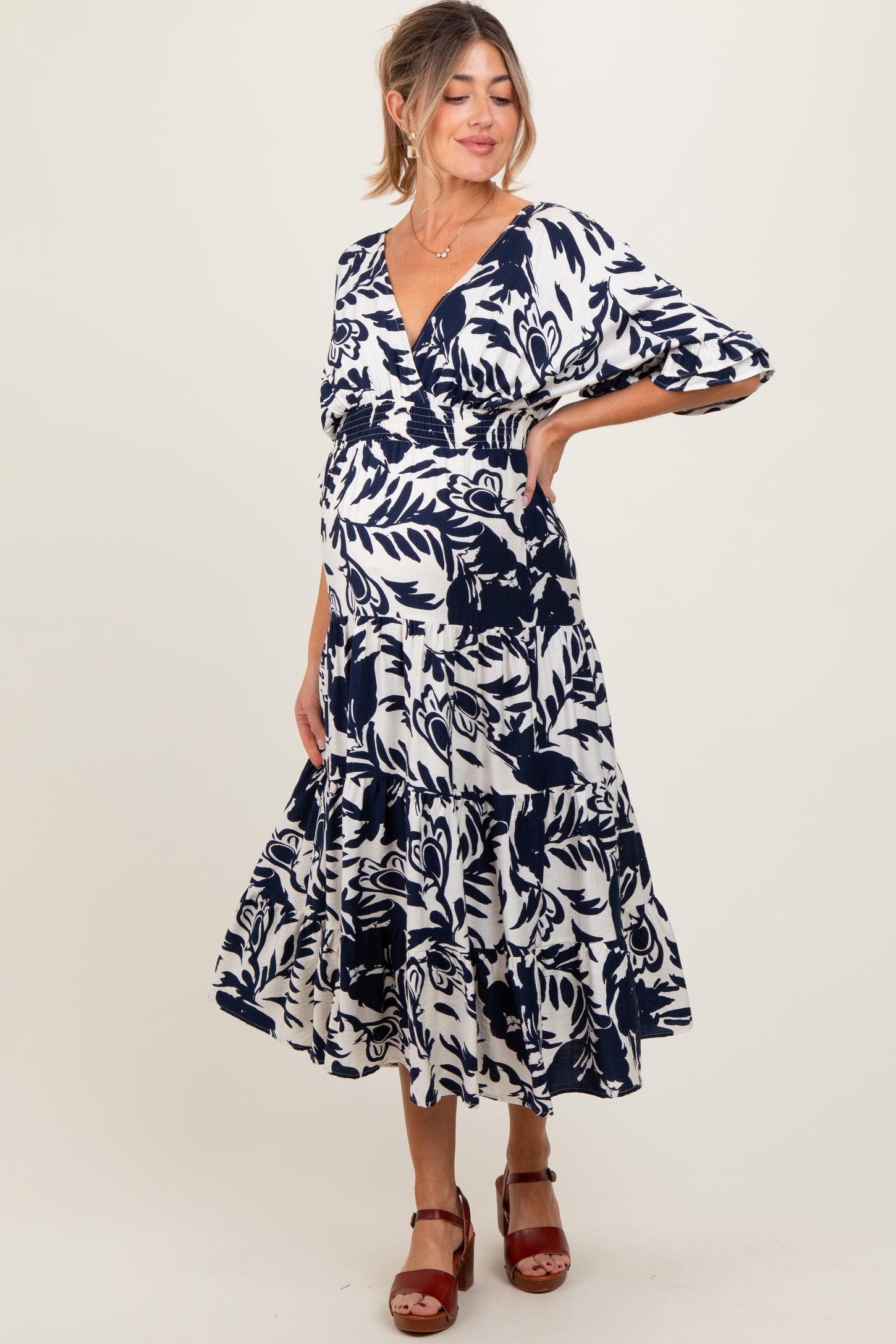 Navy Abstract Floral V-Neck Tiered Maternity Midi Dress