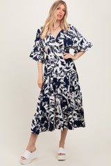 Navy Abstract Floral V-Neck Tiered Midi Dress