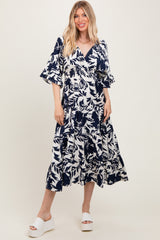 Navy Abstract Floral V-Neck Tiered Midi Dress
