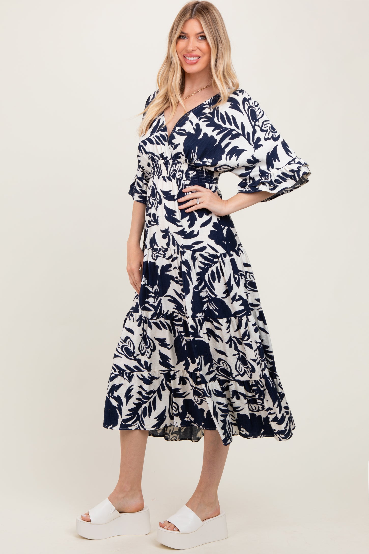 Navy Abstract Floral V-Neck Tiered Midi Dress