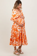 Orange Abstract Floral V-Neck Tiered Maternity Midi Dress