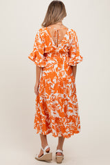 Orange Abstract Floral V-Neck Tiered Maternity Midi Dress