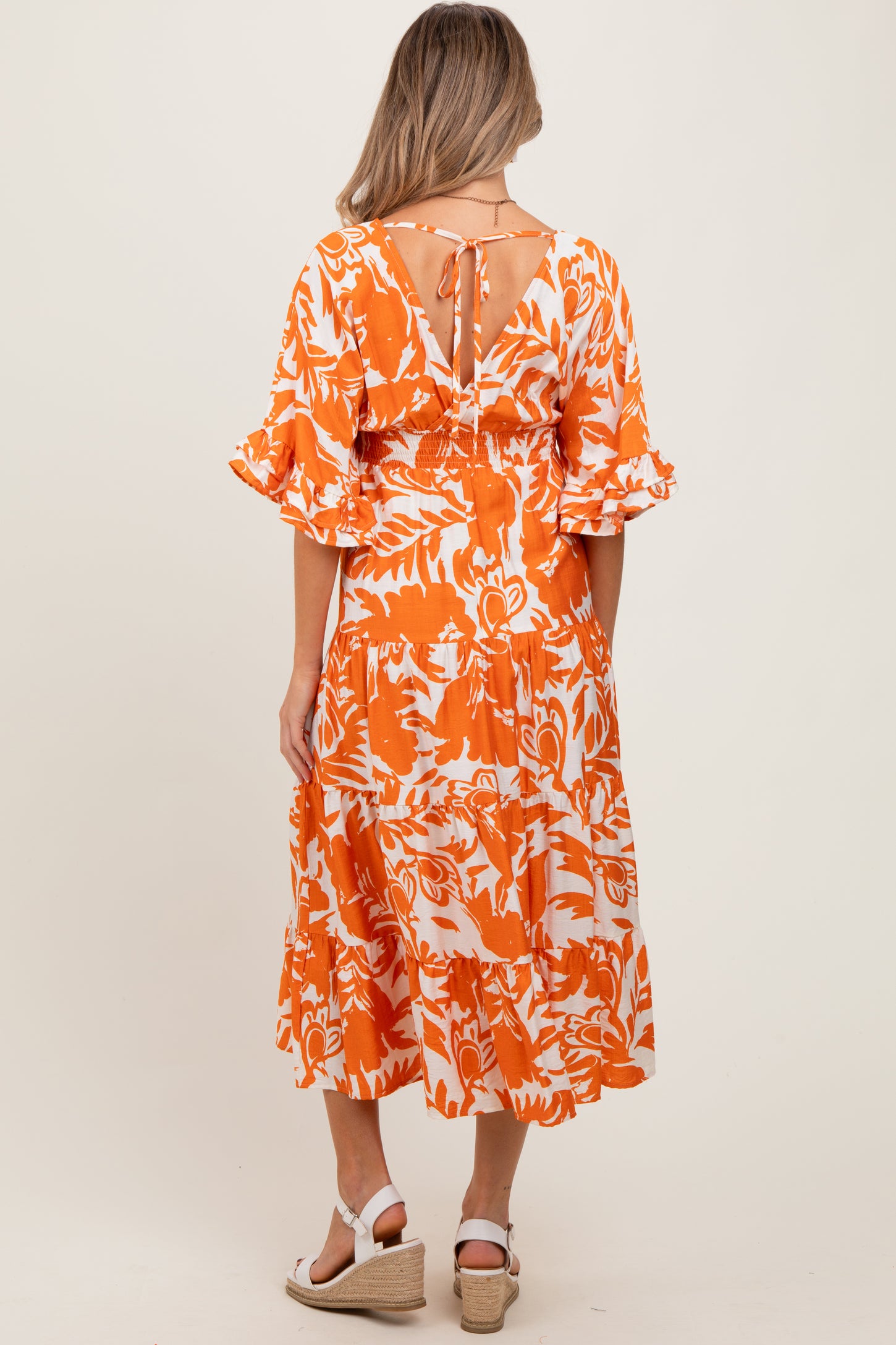 Orange Abstract Floral V-Neck Tiered Maternity Midi Dress