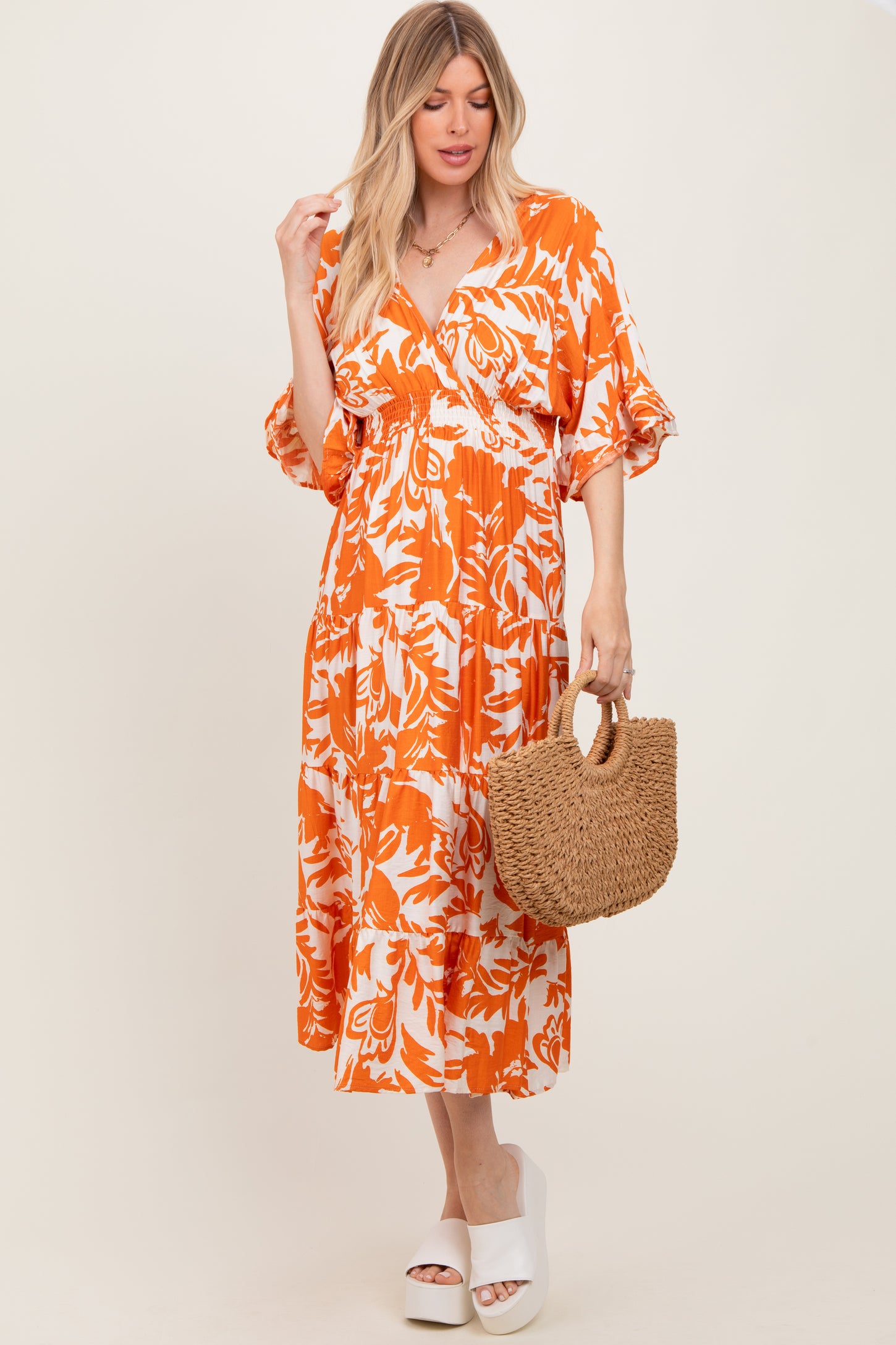 Orange Abstract Floral V-Neck Tiered Midi Dress