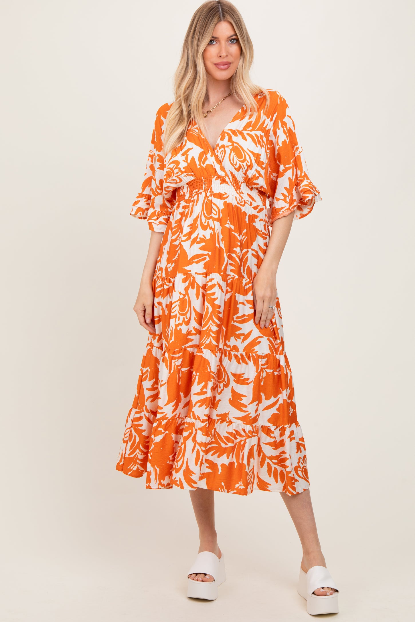 orange tiered midi dress Morning Meadow Ruched Tiered Midi Dress VICI
