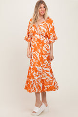 Orange Abstract Floral V-Neck Tiered Midi Dress