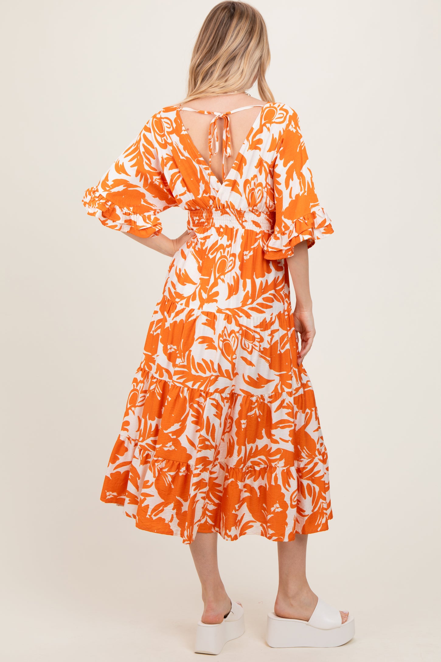 Orange Abstract Floral V-Neck Tiered Midi Dress
