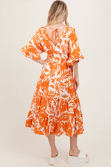 Orange Abstract Floral V-Neck Tiered Midi Dress