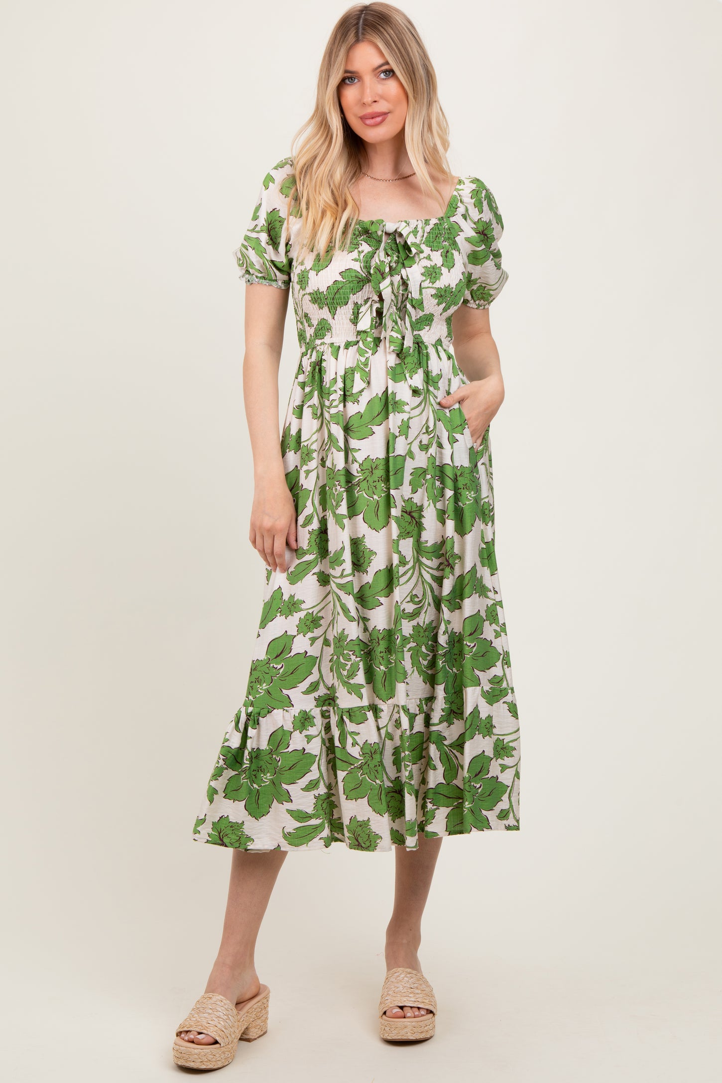 Green Floral Smocked Triple Front Tie Midi Dress PinkBlush Green Floral Smocked Triple Front Tie Midi Dress PinkBlush