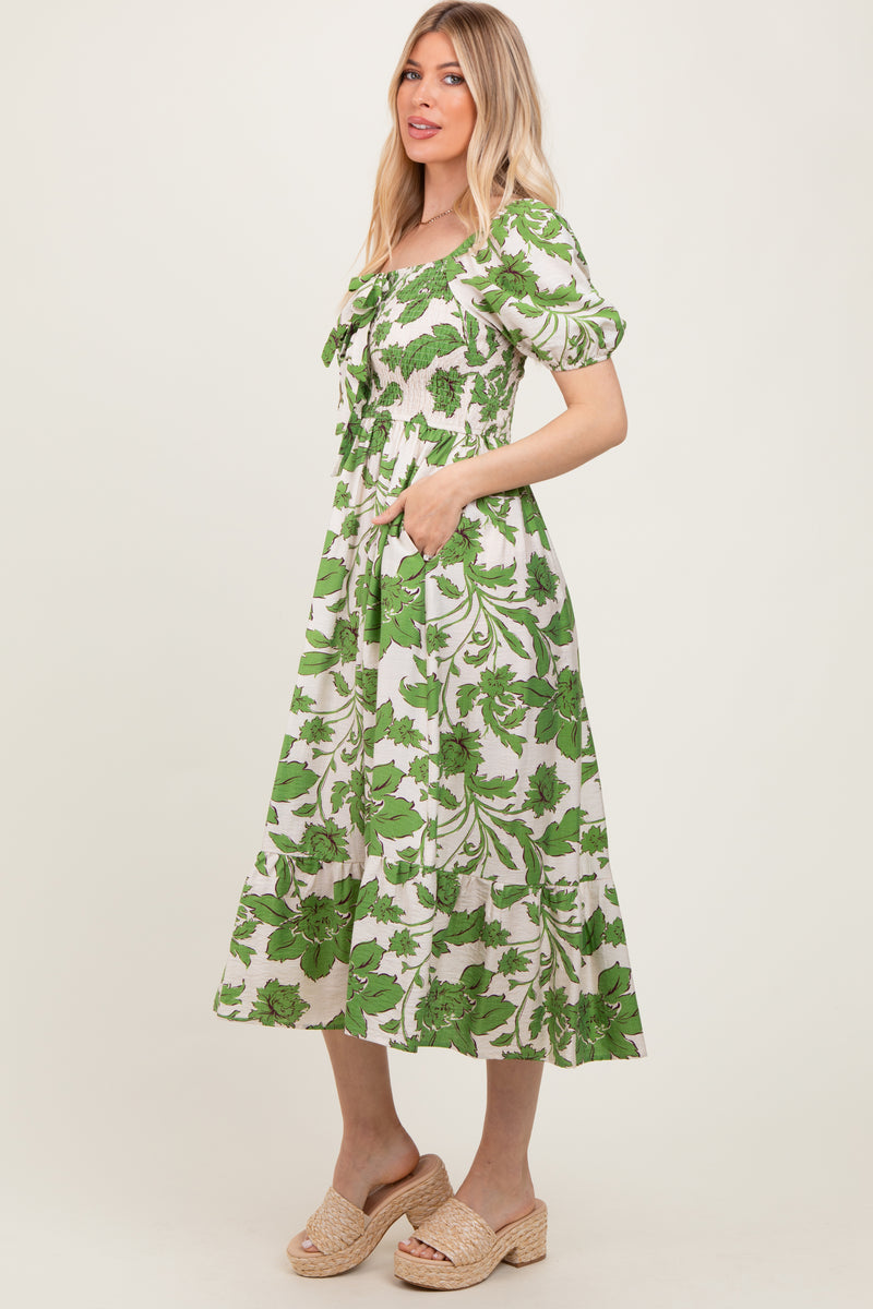 Green Floral Smocked Triple Front Tie Midi Dress – PinkBlush