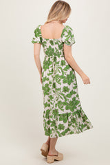 Green Floral Smocked Triple Front Tie Midi Dress