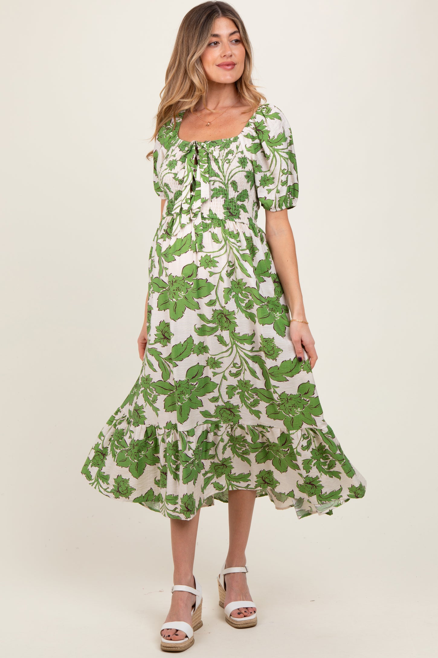 Green Floral Smocked Triple Front Tie Maternity Midi Dress