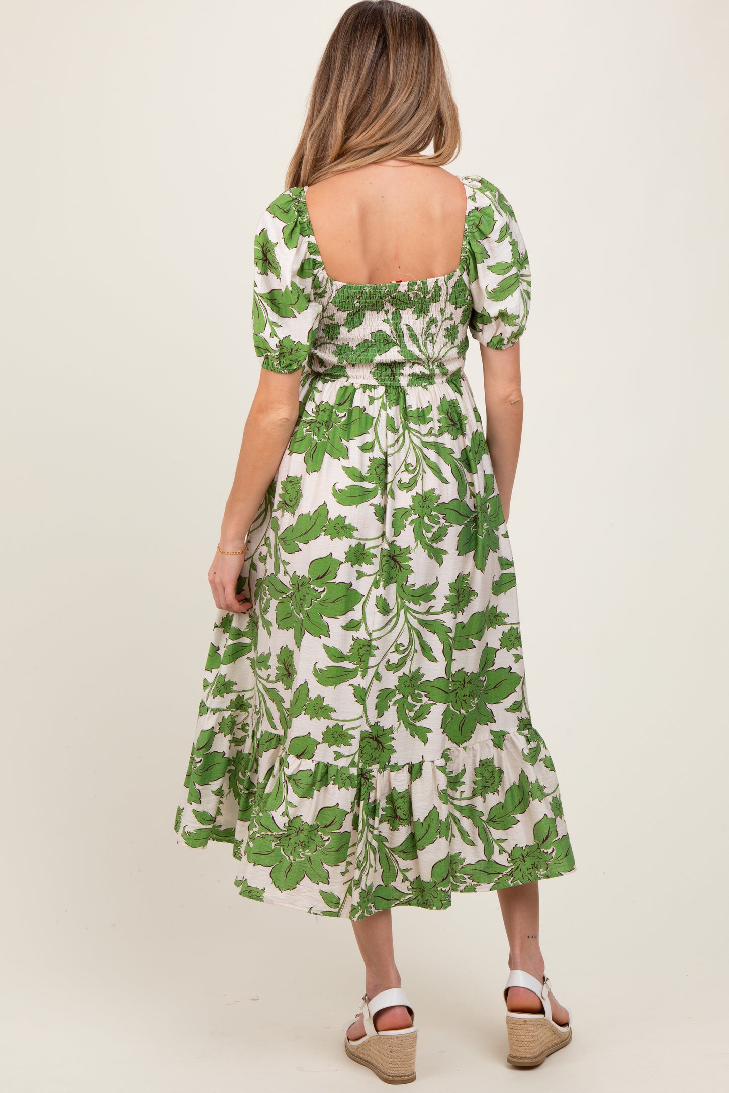 Green Floral Smocked Triple Front Tie Maternity Midi Dress
