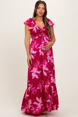 Magenta Floral Smocked Cinched Top Maternity Maxi Dress