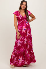 Magenta Floral Smocked Cinched Top Maternity Maxi Dress