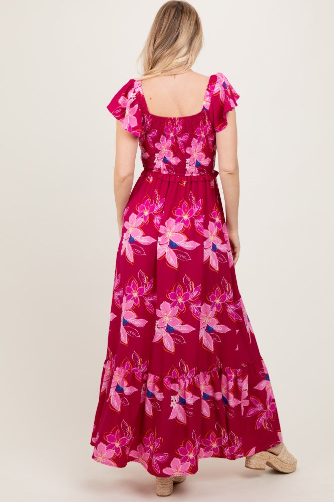 Magenta Floral Smocked Cinched Top Maxi Dress
