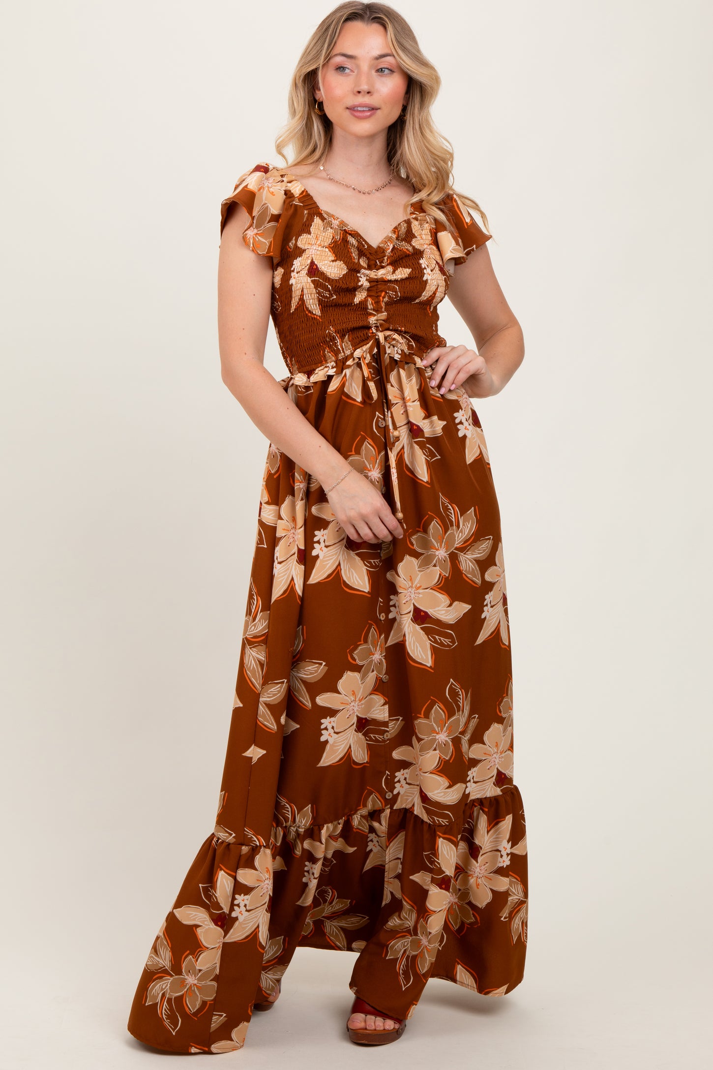 Mocha Floral Smocked Cinched Top Maxi Dress