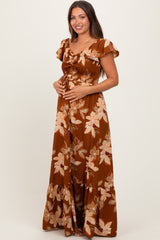 Mocha Floral Smocked Cinched Top Maternity Maxi Dress