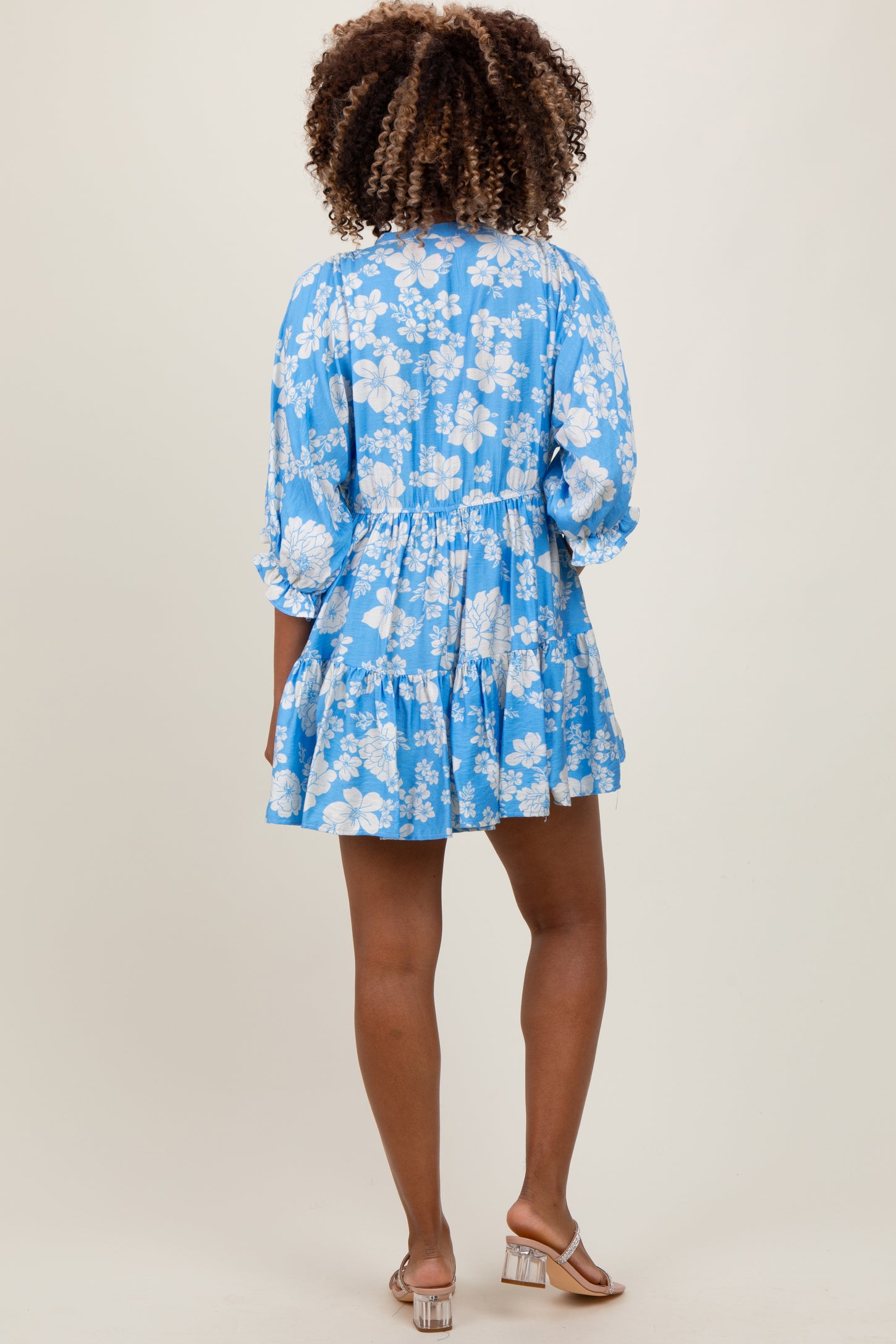 Light Blue Floral Deep V-Neck Maternity Mini Dress