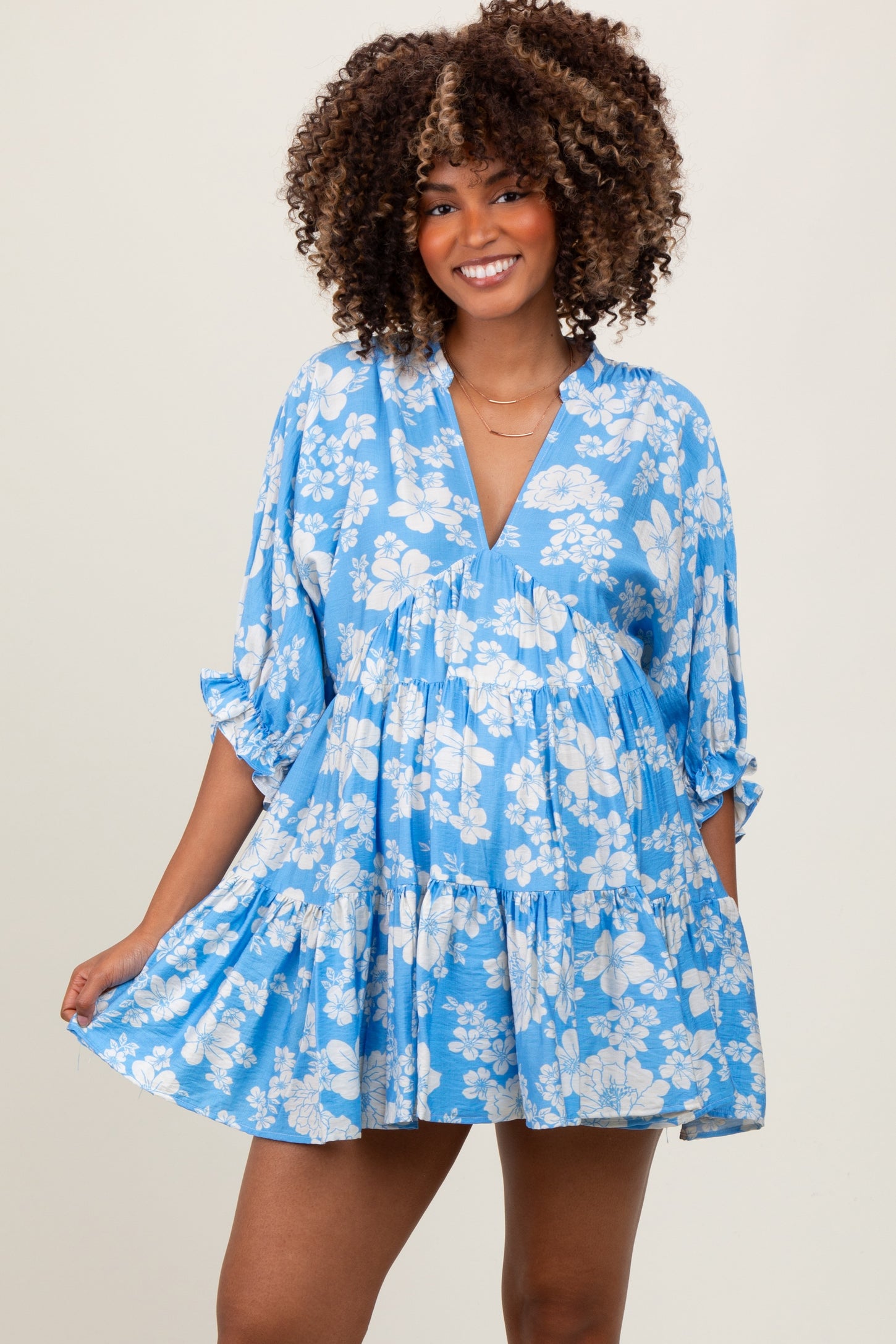 Light Blue Floral Deep V-Neck Maternity Mini Dress