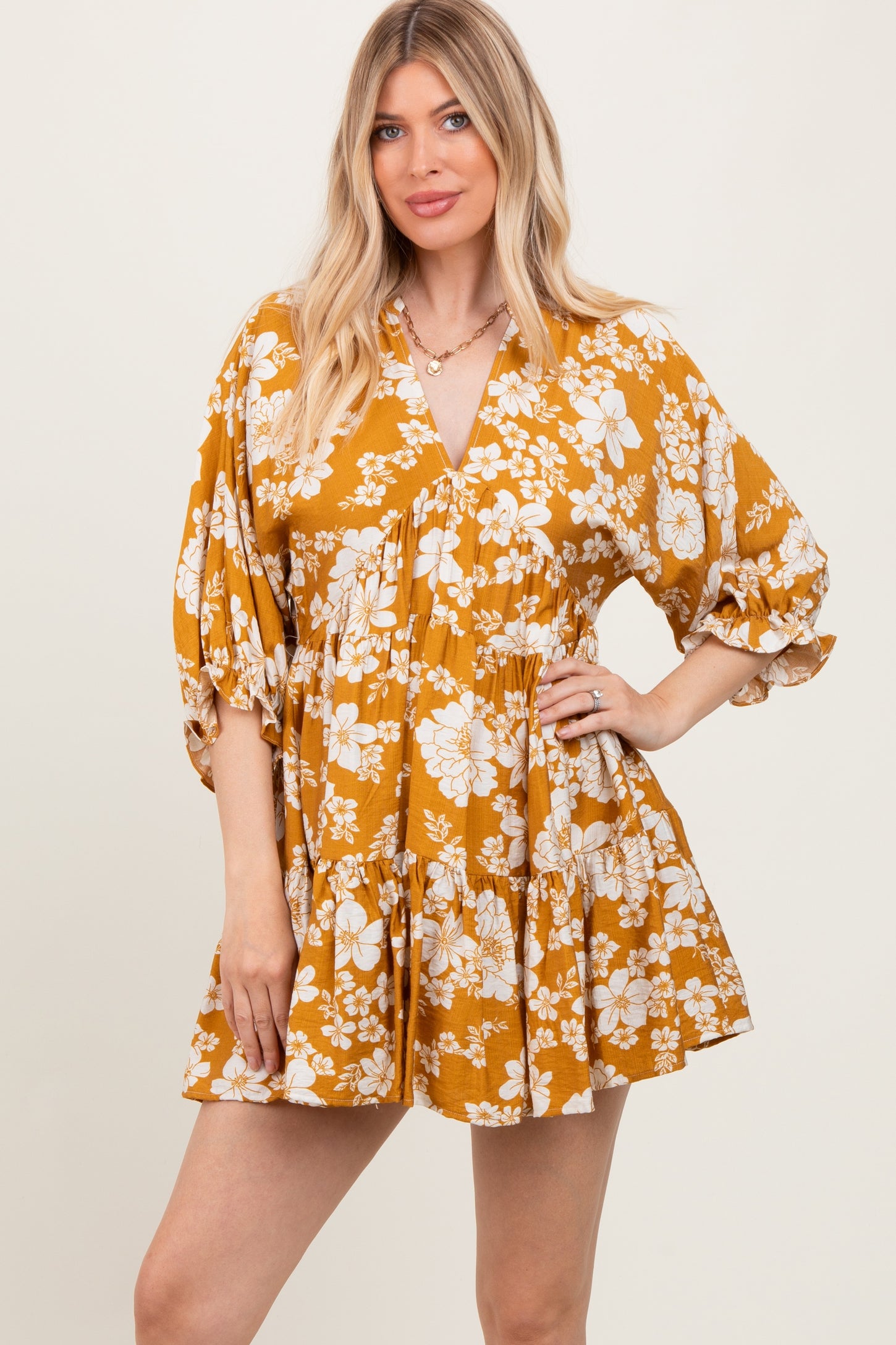Yellow Floral Deep V-Neck Maternity Mini Dress