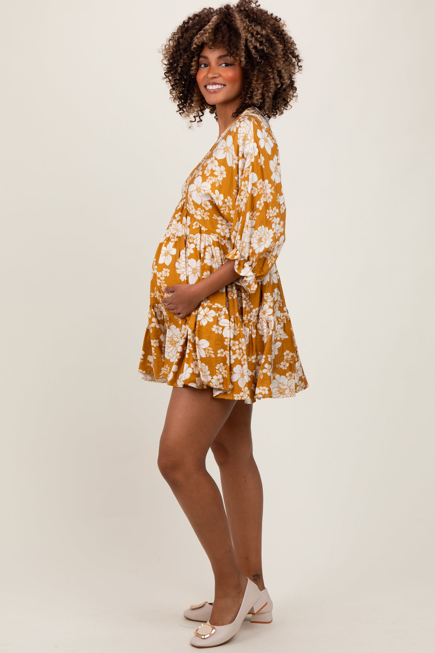 Yellow Floral Deep V-Neck Maternity Mini Dress