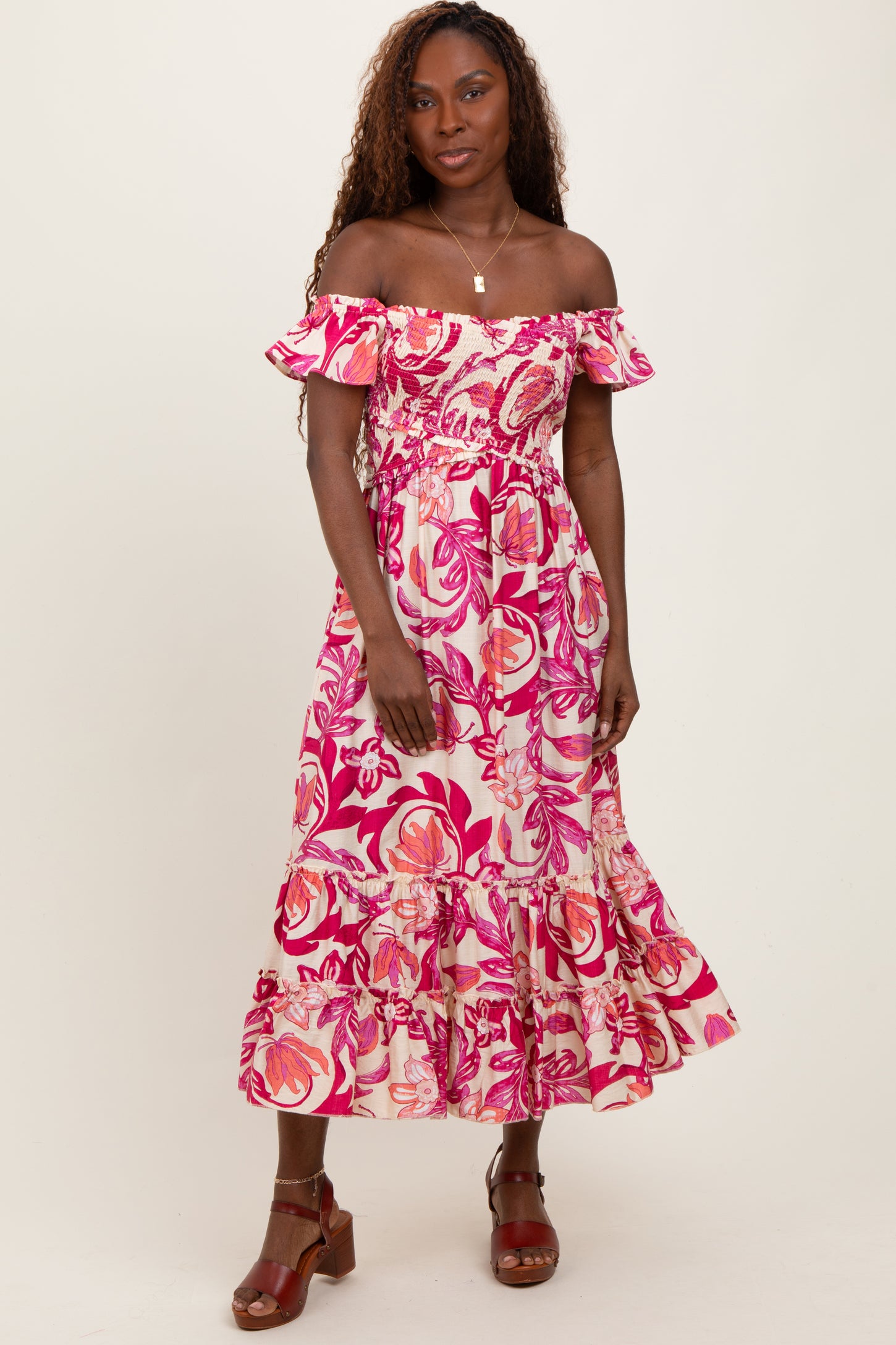 Magenta Multi Smocked Top Woven Midi Dress