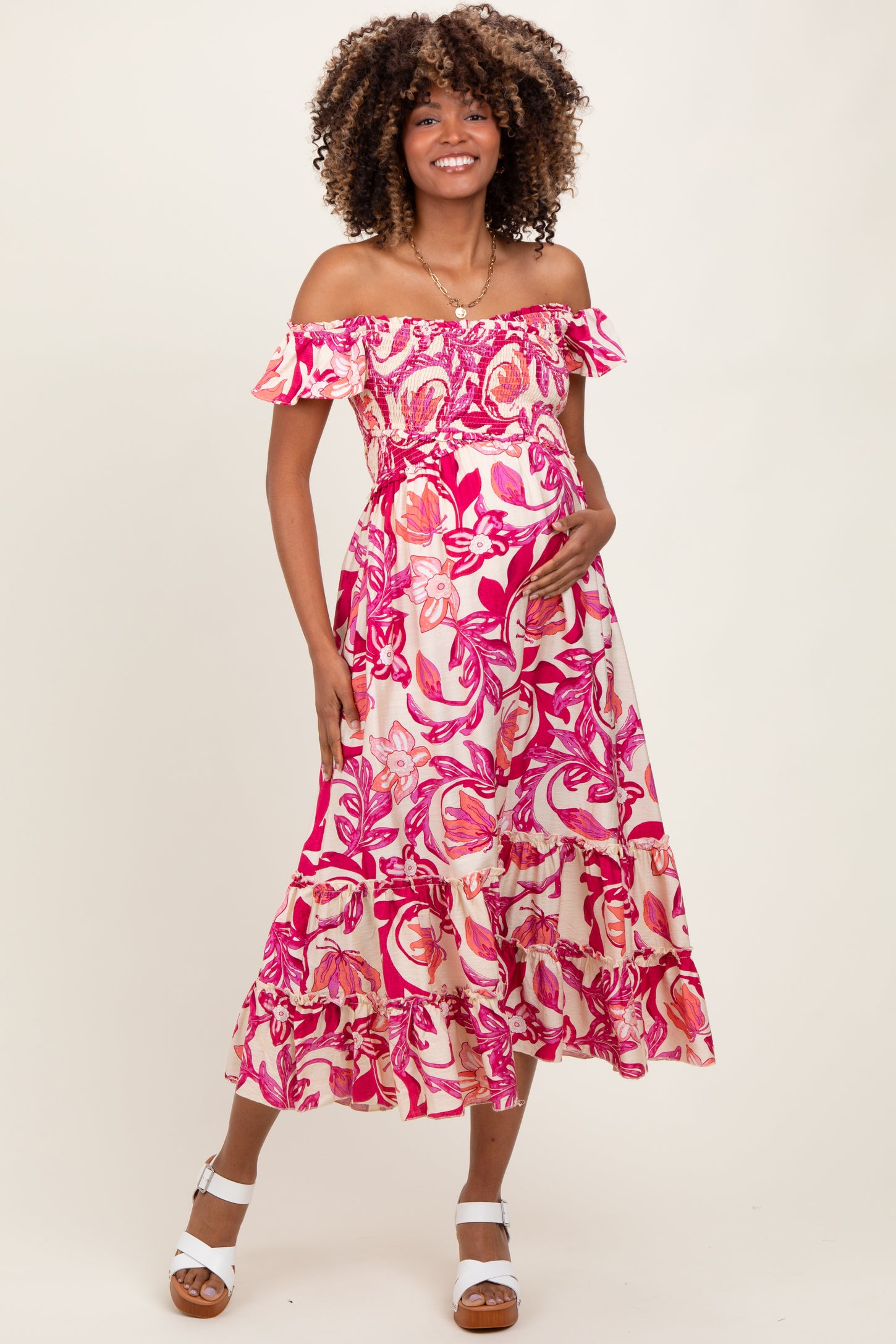 Magenta Multi Smocked Top Woven Maternity Midi Dress