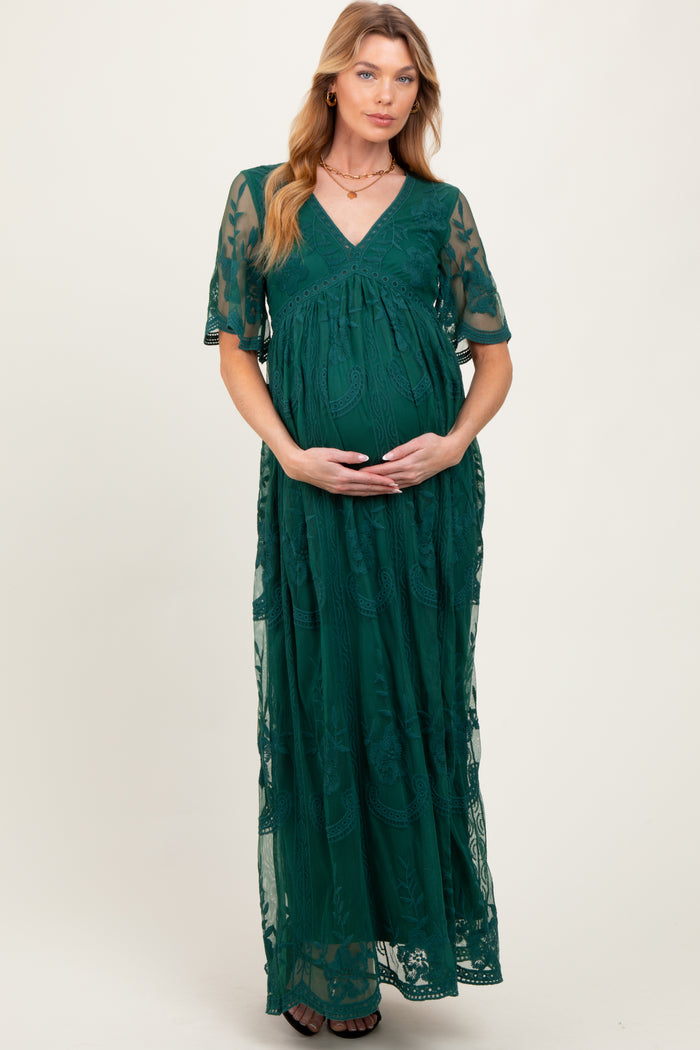 Green Lace Mesh Overlay Maternity Maxi Dress