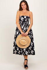 Black Floral Strapless Flare Midi Dress