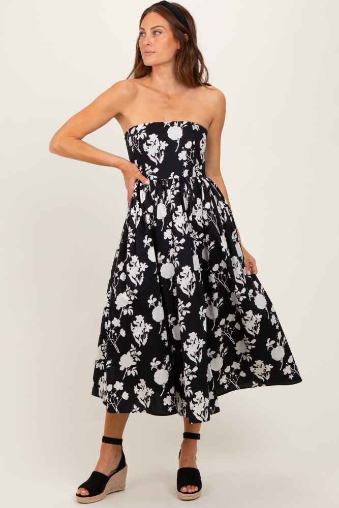 Black Floral Strapless Flare Midi Dress