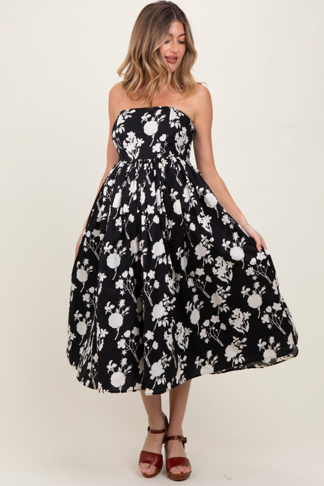 Black Floral Strapless Flare Maternity Midi Dress