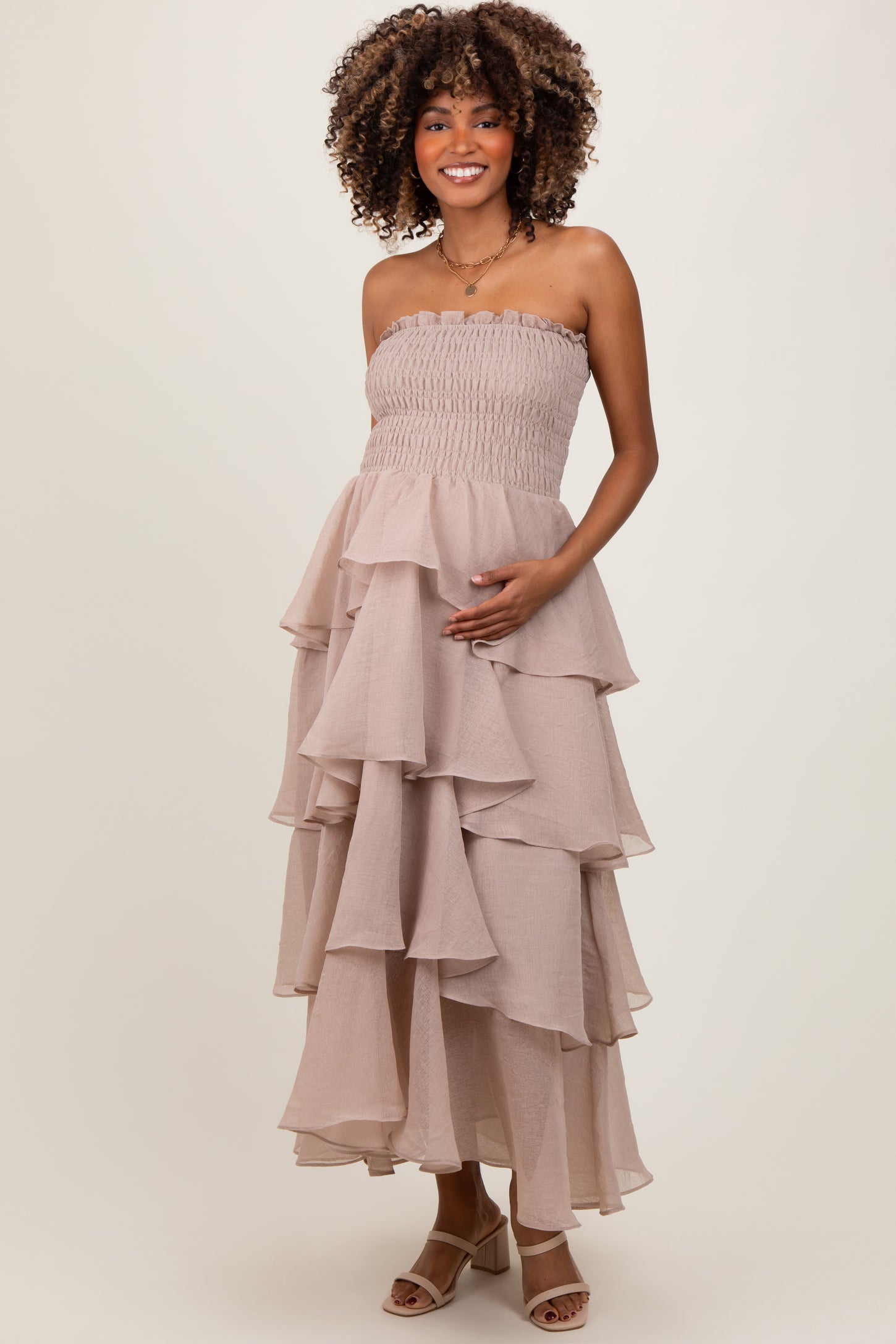 Beige Layered Maternity Maxi Dress