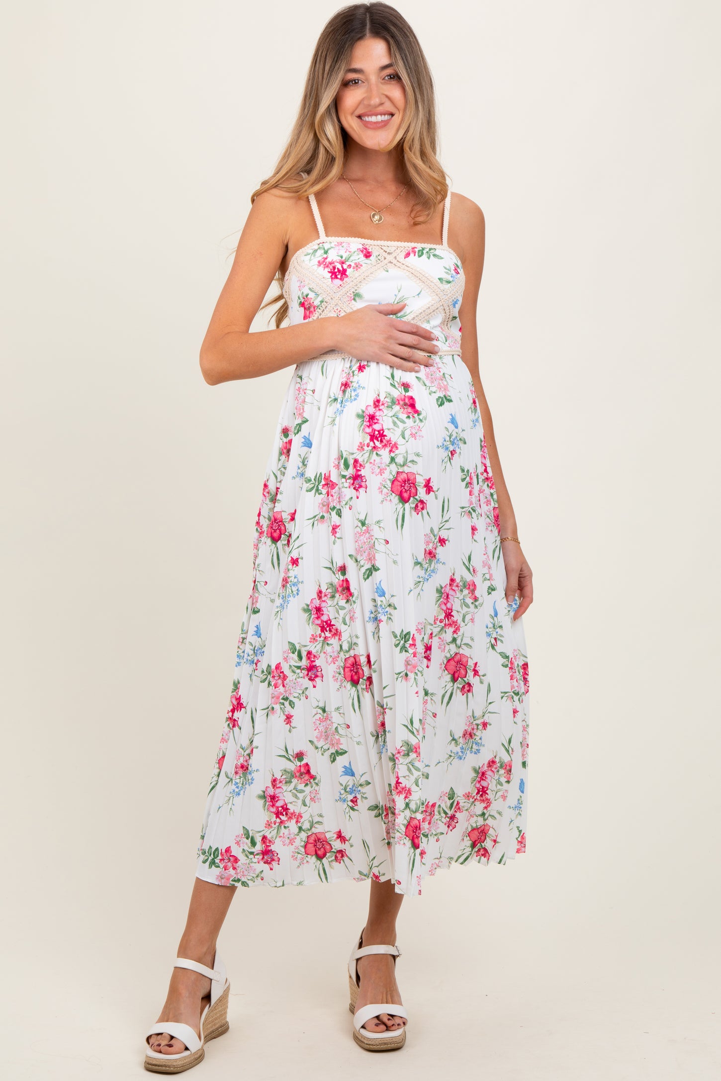 White Floral Pleated Crotchet Detail Maternity Midi Dress