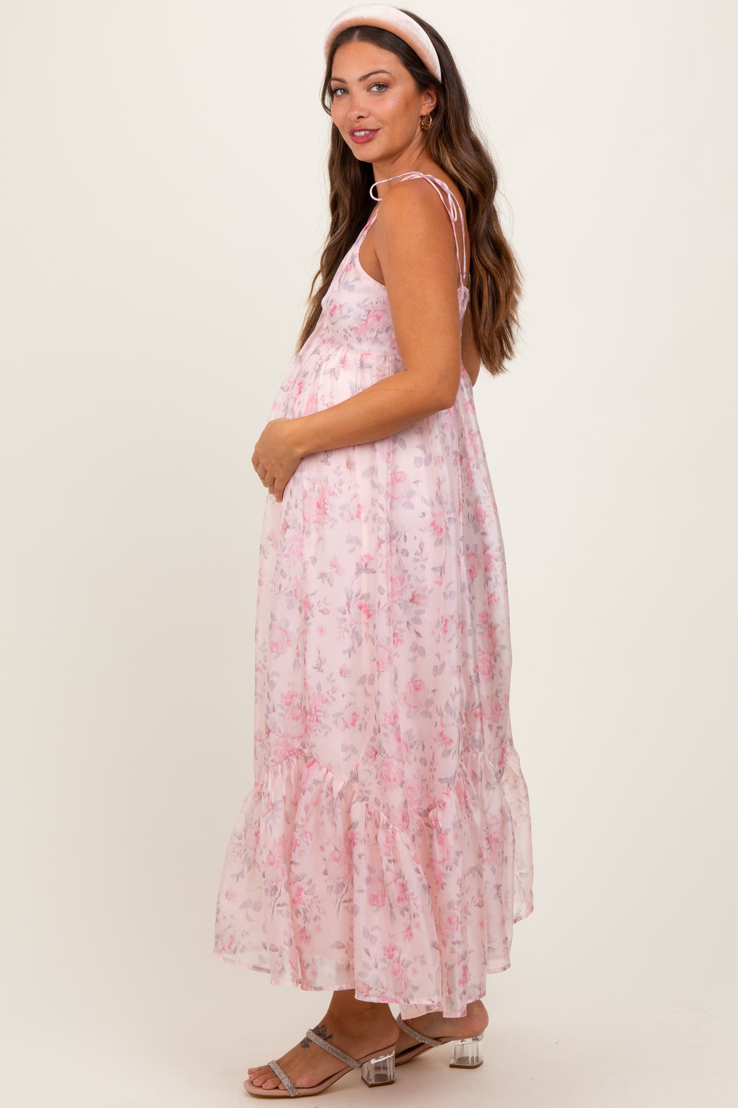 Pink Floral Satin Ruffle Hem Maternity Maxi Dress
