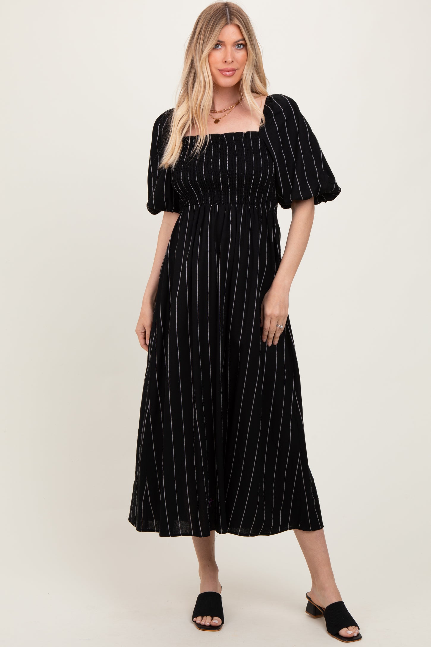 Black Linen Stripe Puff Sleeve Midi Dress
