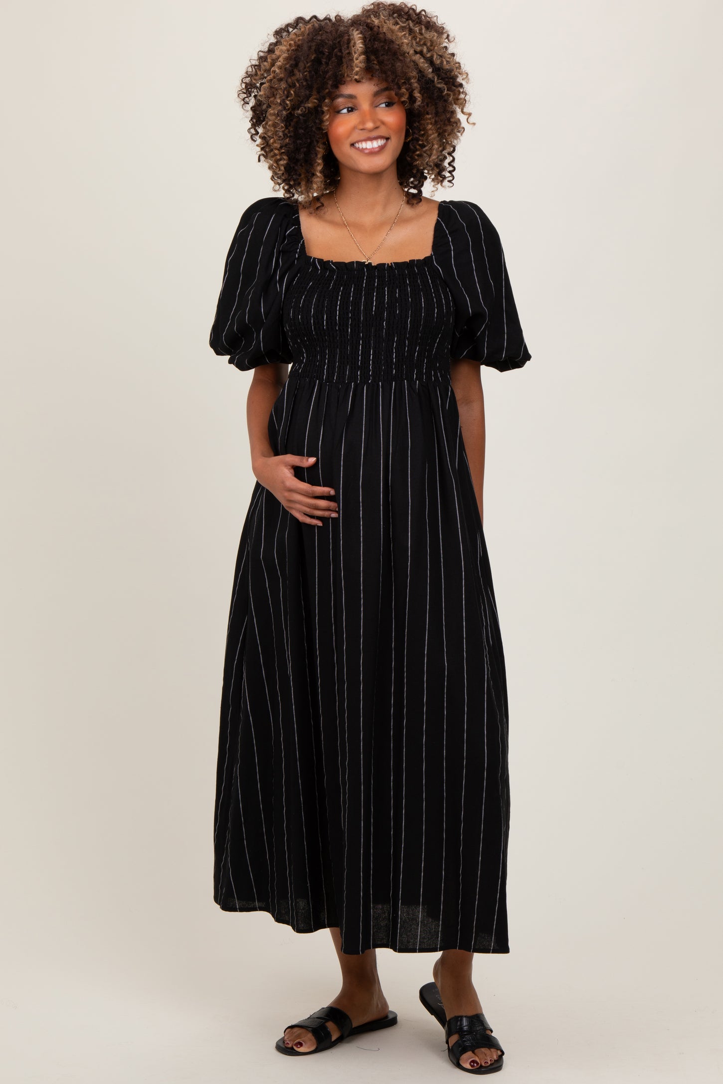 Black Linen Stripe Puff Sleeve Maternity Midi Dress