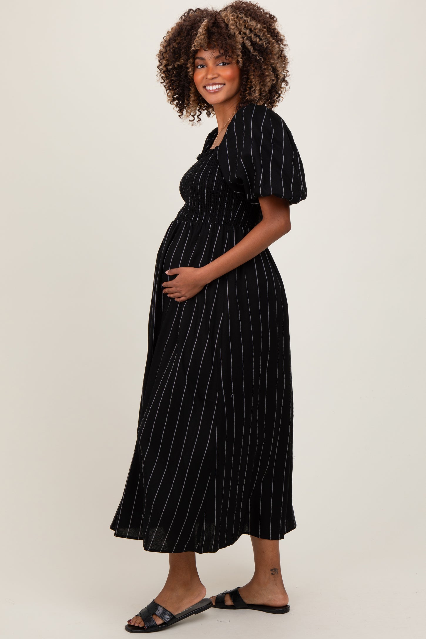 Black Linen Stripe Puff Sleeve Maternity Midi Dress PinkBlush Black Linen Stripe Puff Sleeve Maternity Midi Dress PinkBlush