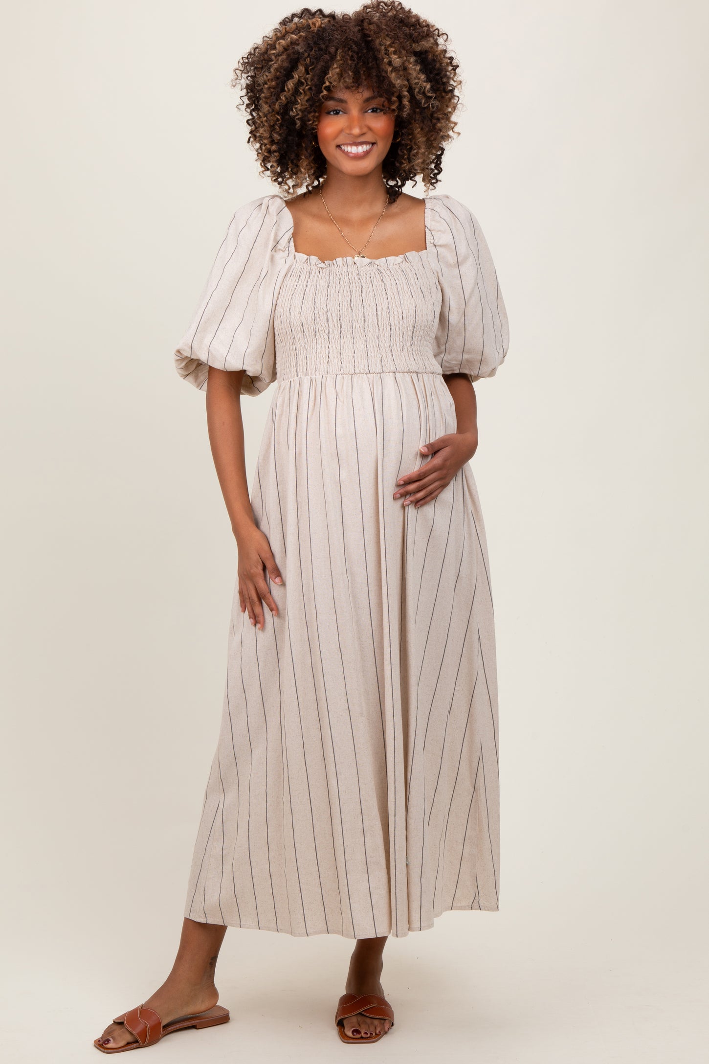 Beige Linen Stripe Puff Sleeve Maternity Midi Dress