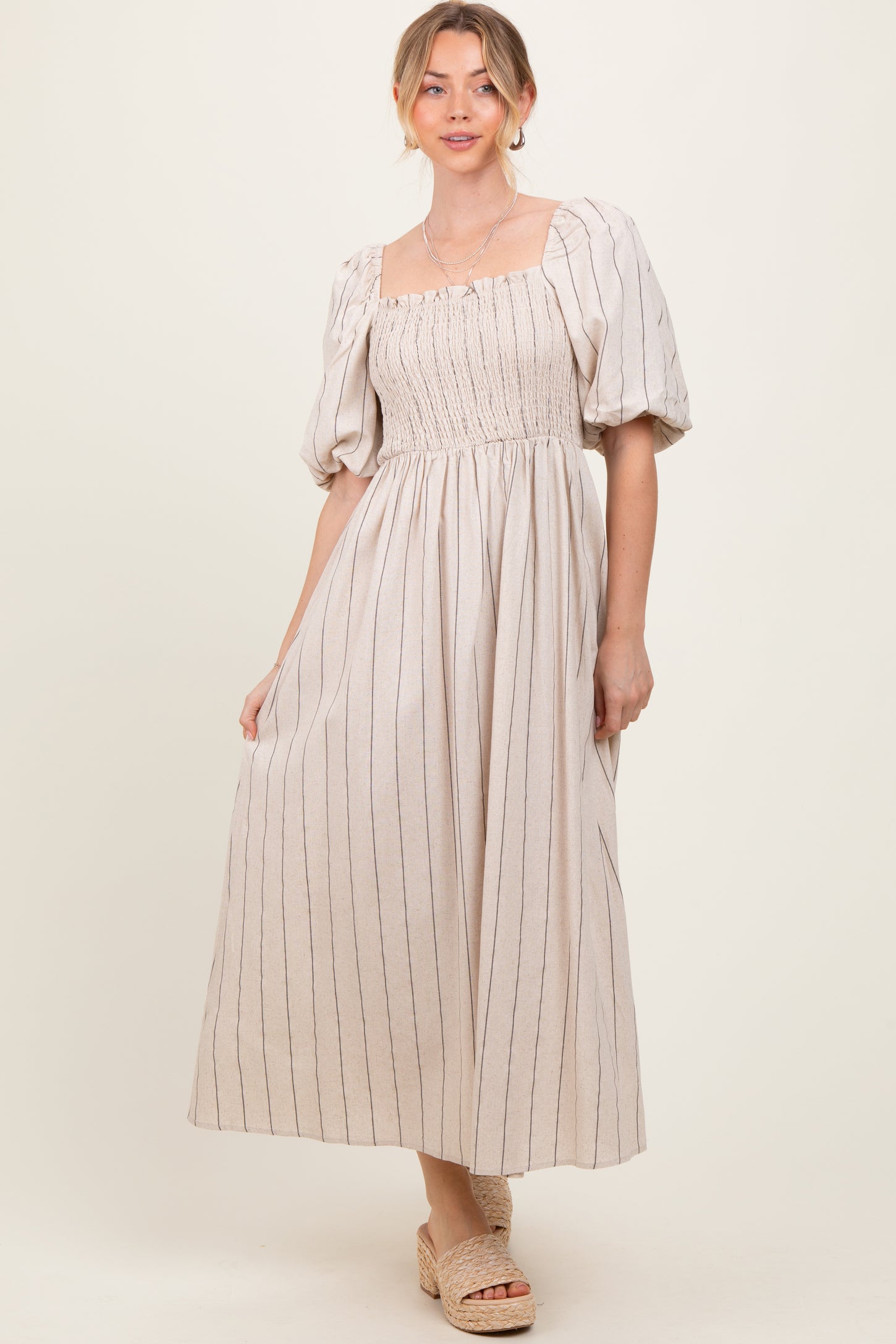 Beige Linen Stripe Puff Sleeve Midi Dress