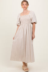 Beige Linen Stripe Puff Sleeve Midi Dress