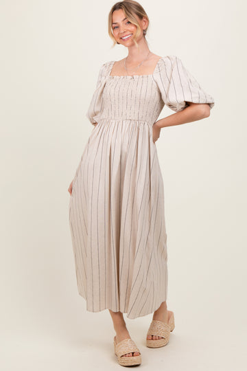 Beige Linen Stripe Puff Sleeve Midi Dress