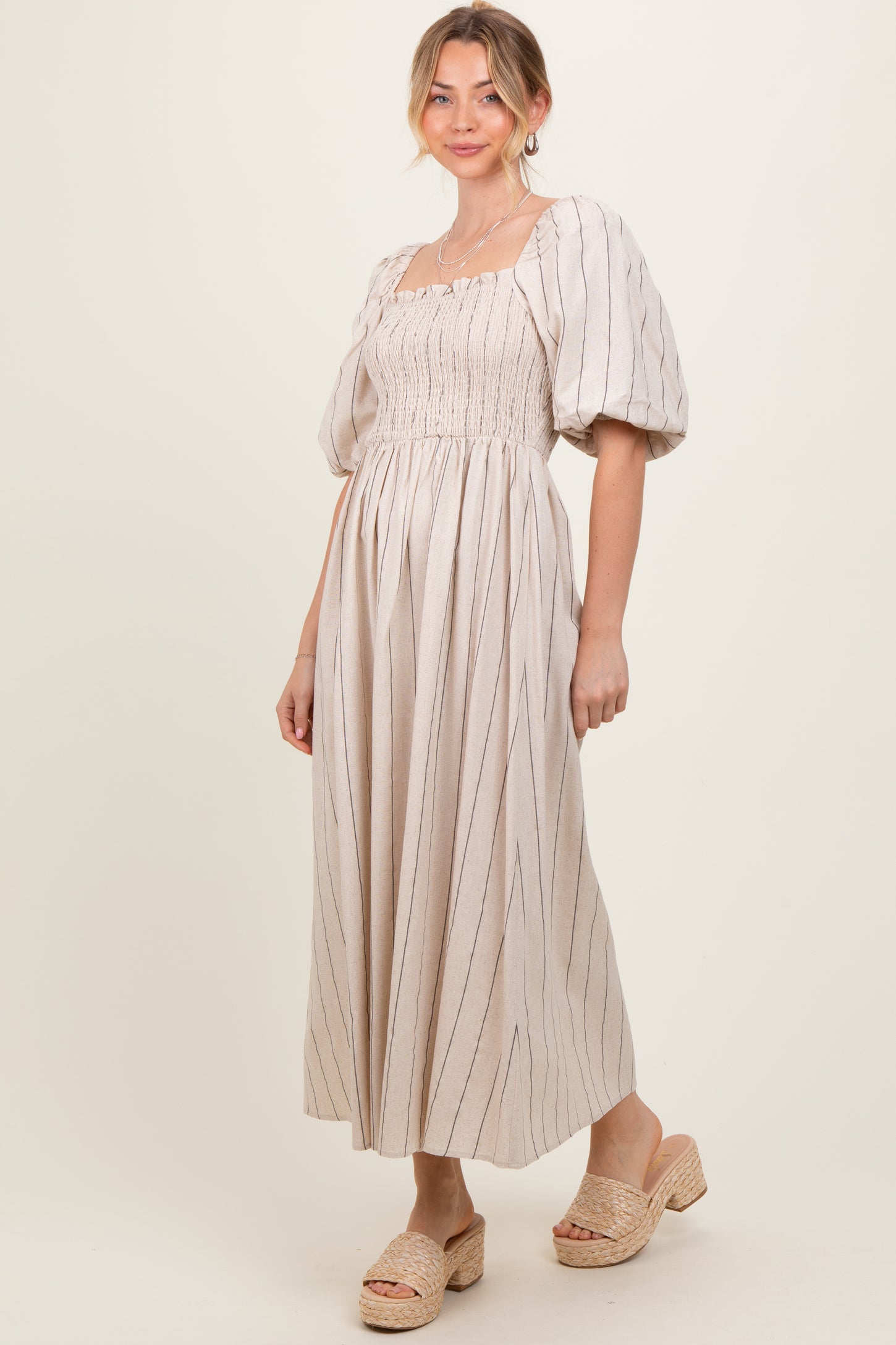 Beige Linen Stripe Puff Sleeve Midi Dress PinkBlush Beige Linen Stripe Puff Sleeve Midi Dress PinkBlush