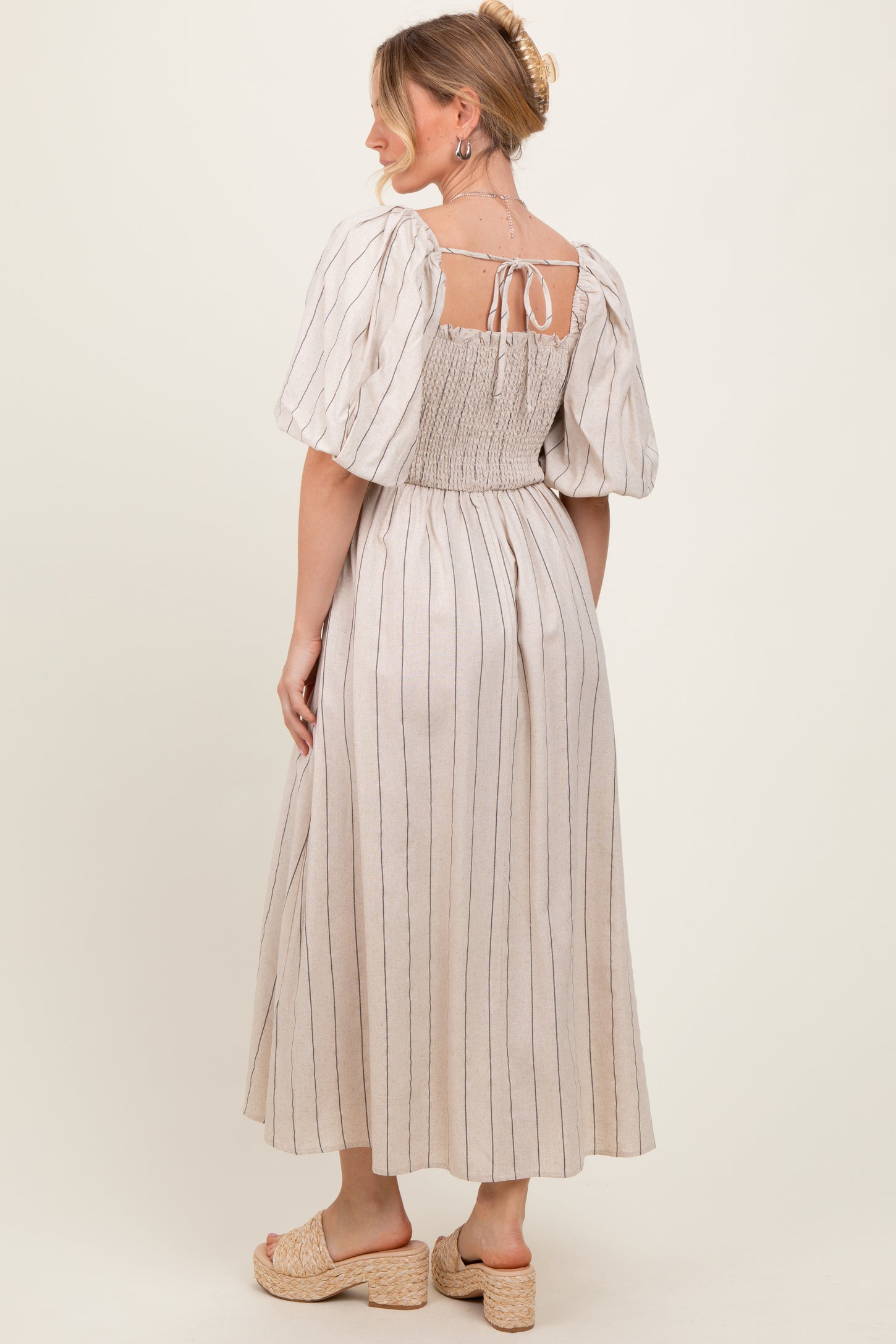 Beige Linen Stripe Puff Sleeve Midi Dress PinkBlush Beige Linen Stripe Puff Sleeve Midi Dress PinkBlush