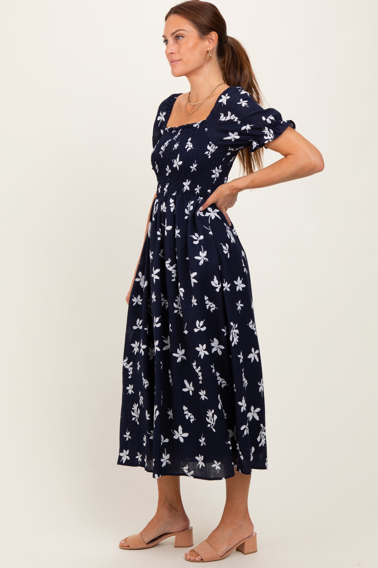 Navy Floral Puff Sleeve Midi Dress