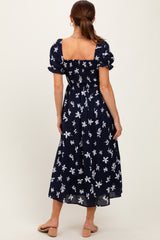 Navy Floral Puff Sleeve Midi Dress