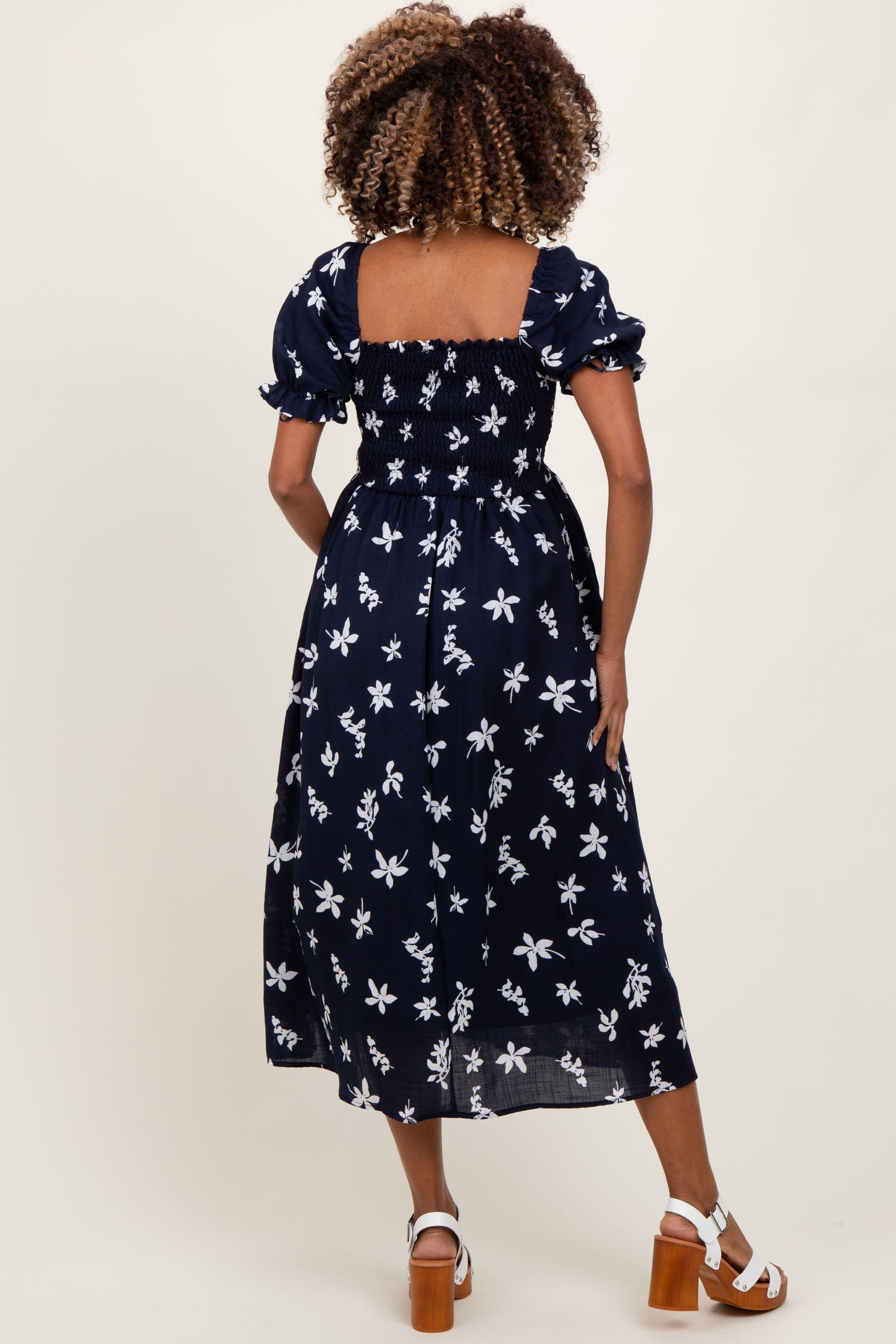 Navy Floral Puff Sleeve Maternity Midi Dress