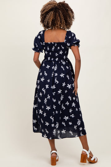 Navy Floral Puff Sleeve Maternity Midi Dress